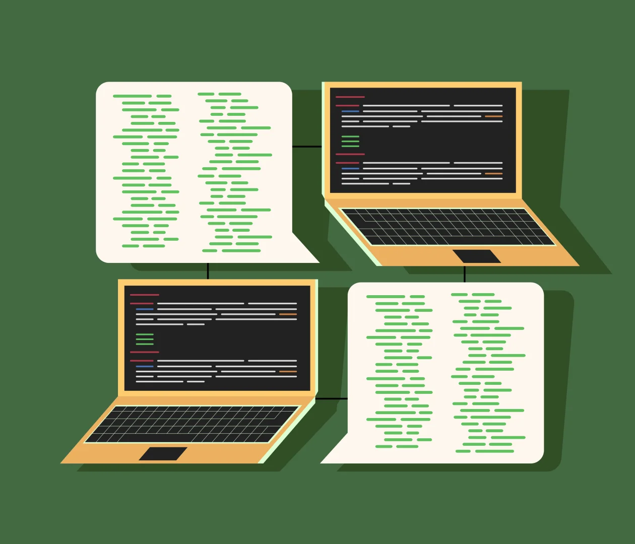 Grafische Visualisierungen von zwei Laptops, die miteinandern via textliche Webauftritte zu kommunizieren scheinen.