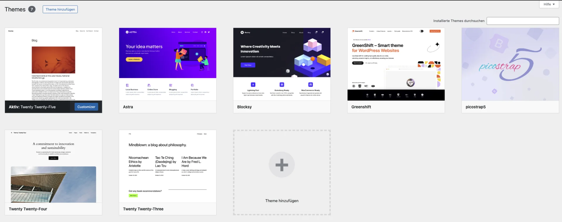 Ansicht Wordpress mit installierten Beispielthemes, eigener Screenshot