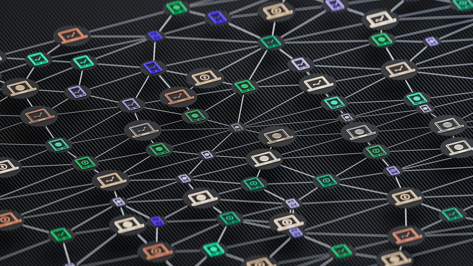 Dargestellt durch Computer und Datenfluss-Verbindungen wird die grossflächige Vernetzung bei Software-Plattformen aufgezeigt.