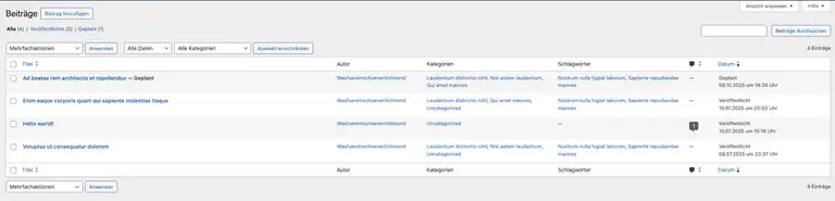 Eigener Screenshot der Beitragsübersicht in WordPress mit generierten Beispielbeiträgen.