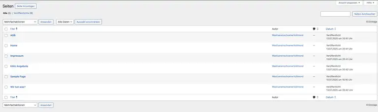 Eigener Screenshot von der Seitenverwaltungsübersicht mit Beispielseiten in WordPress 