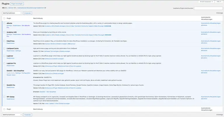 Eigener Screenshot der Pluginübersicht in WordPress zeigt Beispiele installierter Plugins.