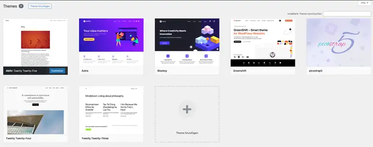 Eigener Screenshot der Themeverwaltung in WordPress mit sieben installierten Themes.