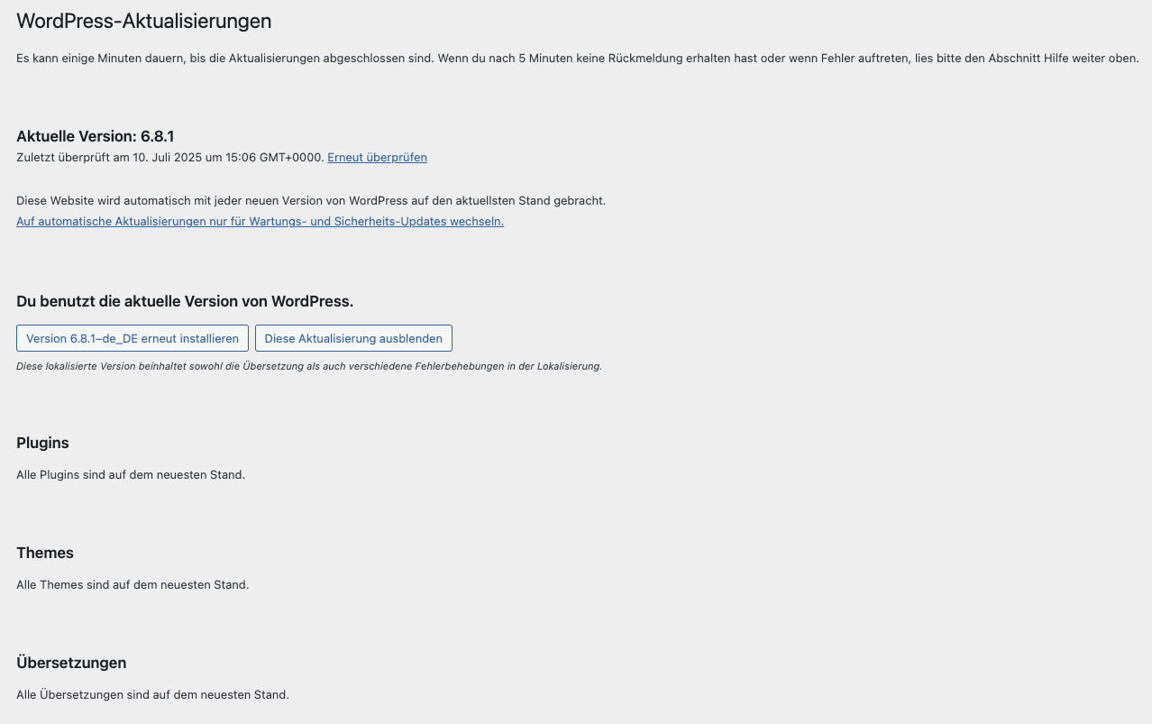 Eigener Screenshot der Akualiserungsseite in WordPress mit aktuellem Update-Status.