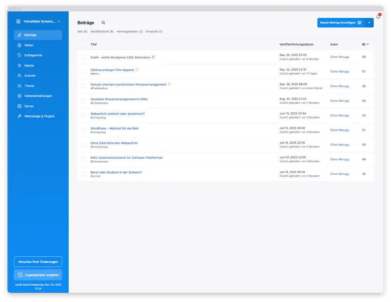 Publii Desktopapp Gesamtübersicht