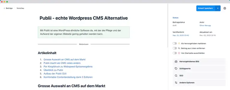 Publii Beitrag Einstellungen