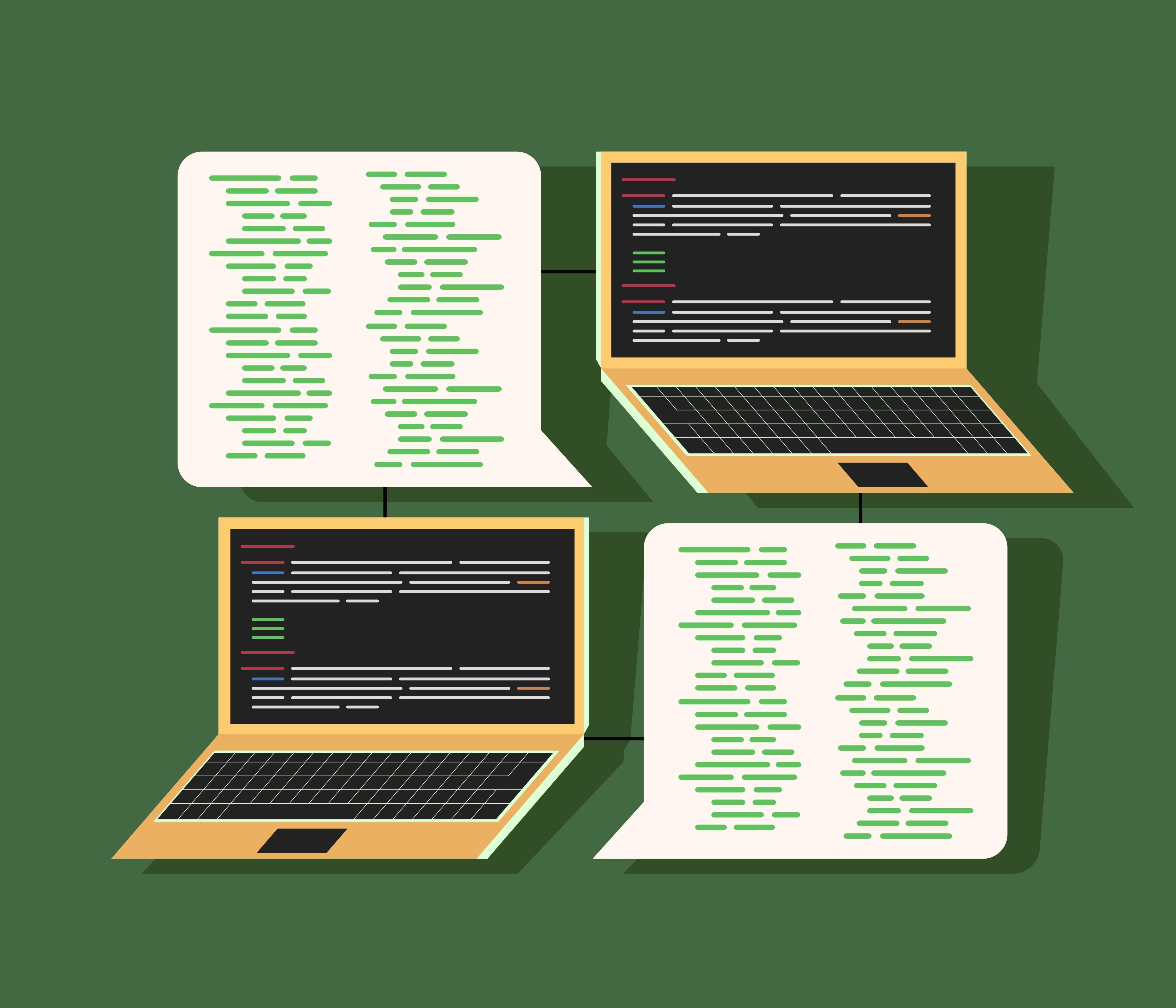 Grafische Visualisierungen von zwei Laptops, die miteinandern via textliche Webauftritte zu kommunizieren scheinen.