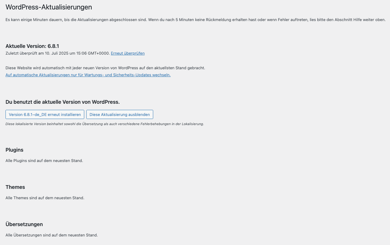Eigener Screenshot der Akualiserungsseite in WordPress mit aktuellem Update-Status.