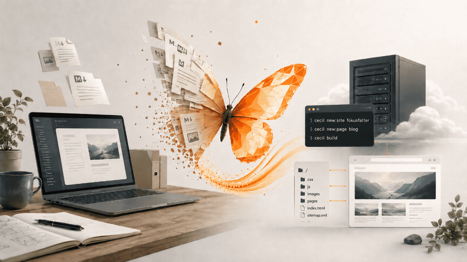 KI-generiertes Bild eines Website-Wechsels mit Schmetterling